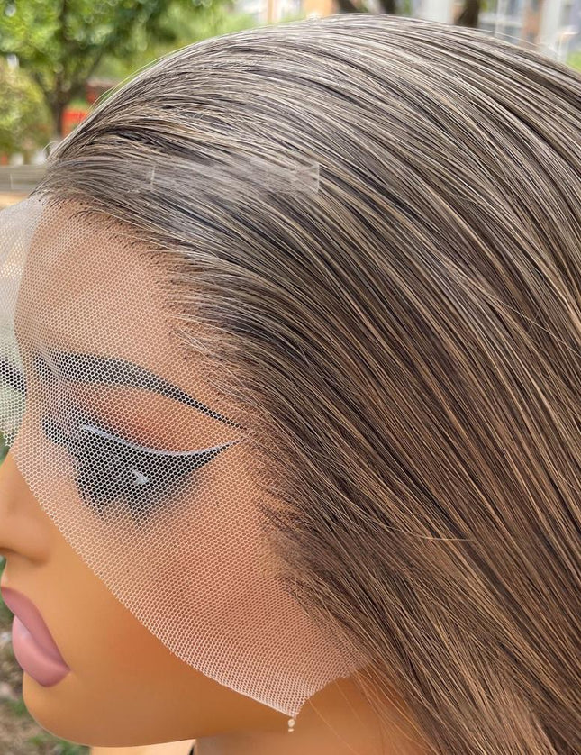 Synthetic lace frontal color wig straight---13*4---smoke brown color---pay 1 get 2