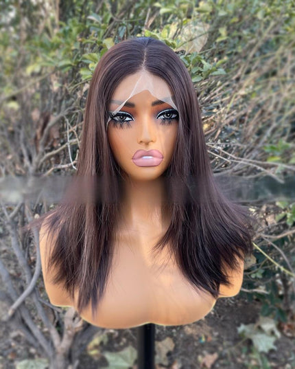 Synthetic lace frontal color wig straight---13*4---dark brown color---pay 1 get 2