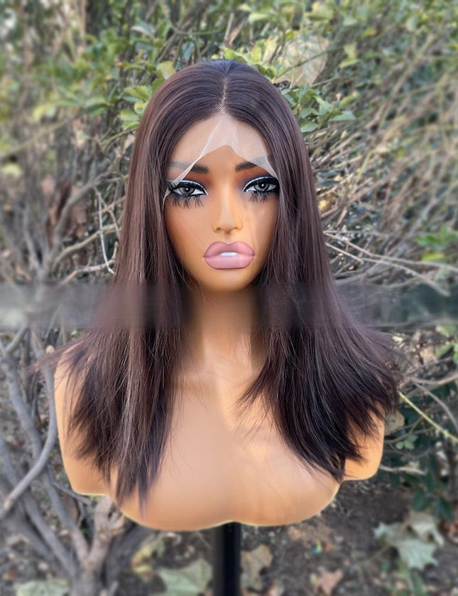 Synthetic lace frontal color wig straight---13*4---dark brown color---pay 1 get 2