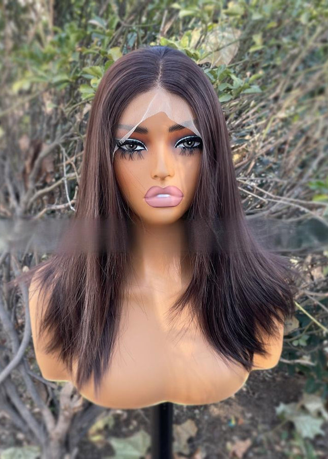 Synthetic lace frontal color wig straight---13*4---dark brown color---pay 1 get 2
