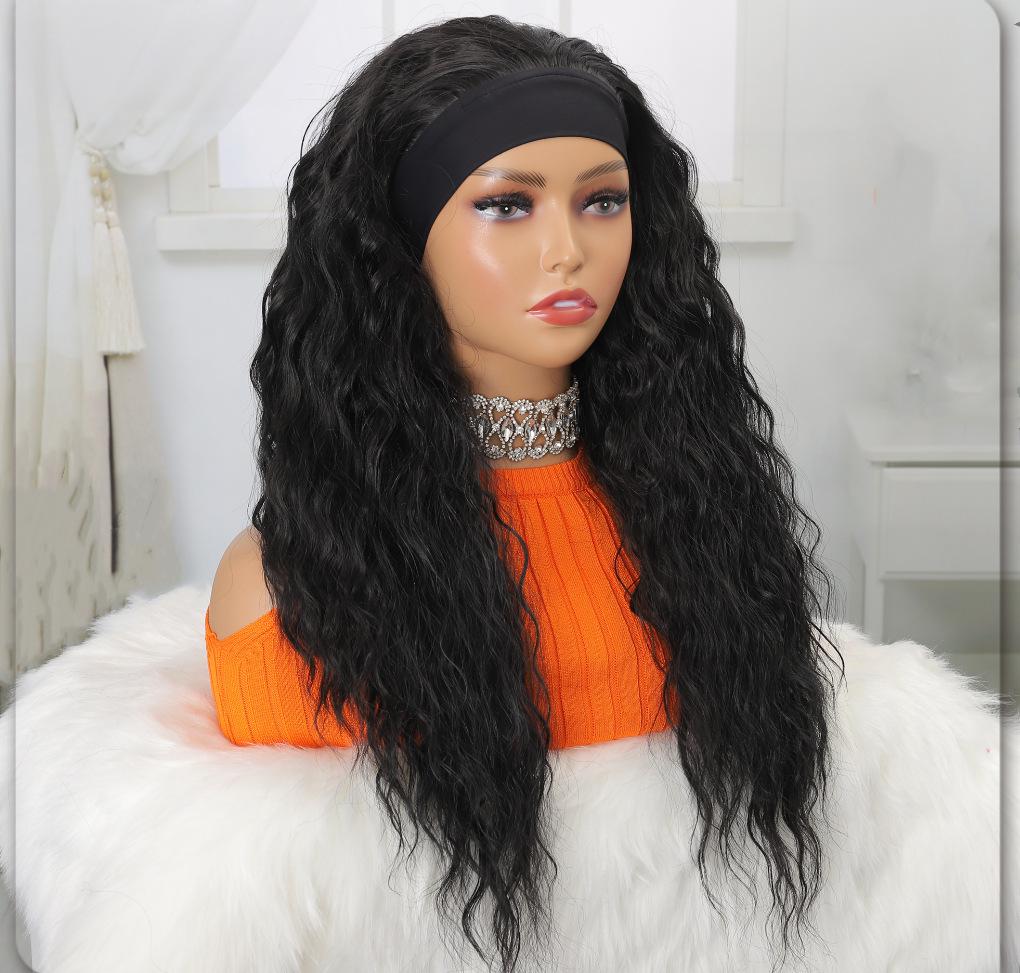 Long wavy fiber wig hair ribbon black wool curl