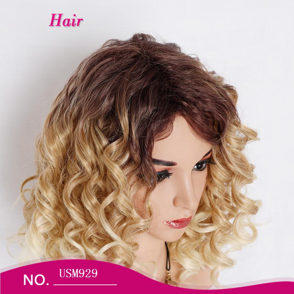 Short fiber wig curly ombre blonde color
