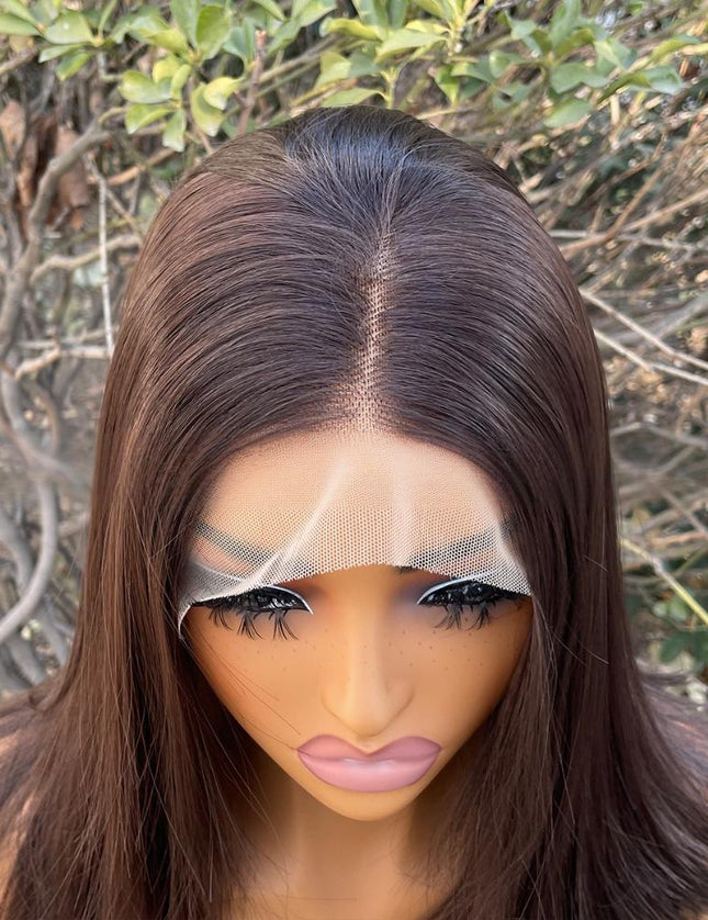 Synthetic lace frontal color wig straight---13*4---dark brown color---pay 1 get 2