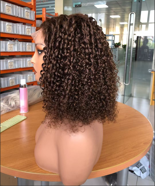 brown color pixie curly wave 4x4，5x5 Lace closure 100% Virgin Human Hair Wig 15A