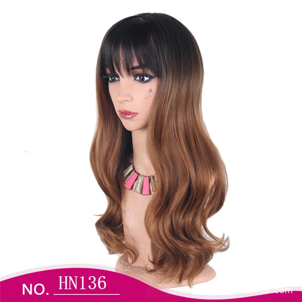 Fiber wig Brown middle-parted bangs and gradient big waves