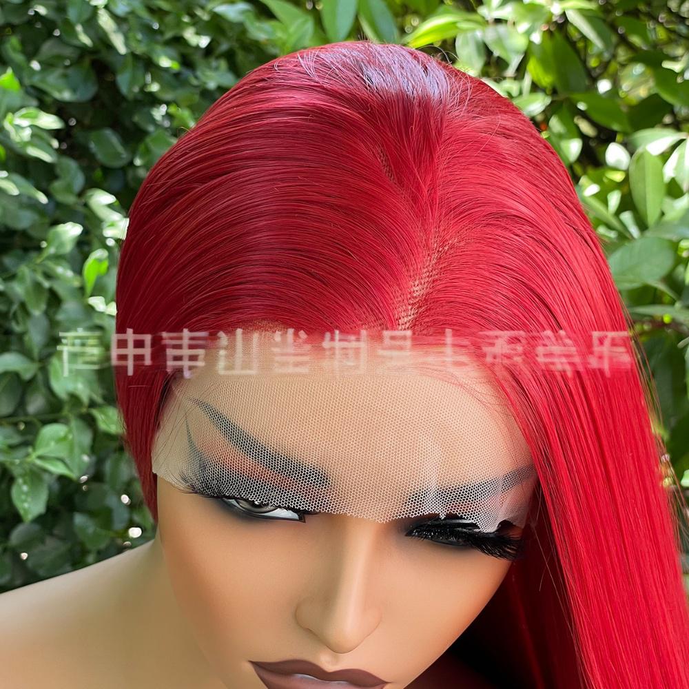 Peluca de color frontal de encaje de fibra recta---13*4---Color rojo rubí