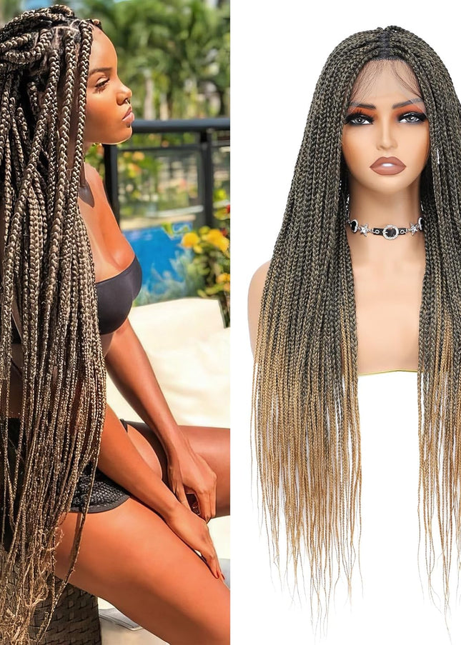 Synthetic Transparent Full Lace Braided Wigs Knotless Box Braids Wig # 1B/27