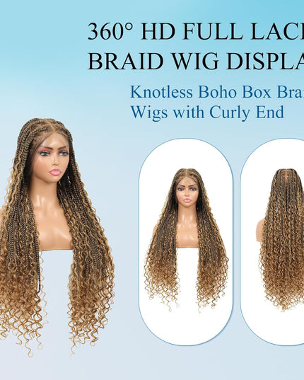 Synthetic Long Bohemian Braided Wigs Boho Box Braid Wigs for Black Women Twisted Braids Full Lace Braided Wigs -1B/27