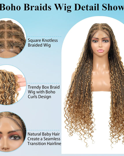 Synthetic Long Bohemian Braided Wigs Boho Box Braid Wigs for Black Women Twisted Braids Full Lace Braided Wigs -1B/27