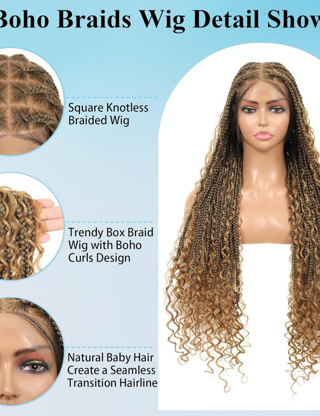 Synthetic Long Bohemian Braided Wigs Boho Box Braid Wigs for Black Women Twisted Braids Full Lace Braided Wigs -1B/27