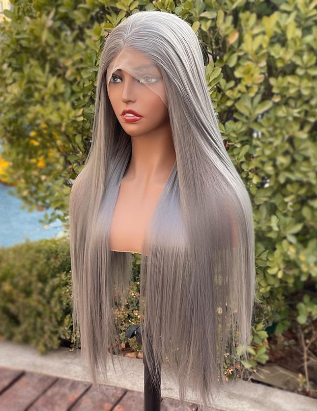 Synthetic lace frontal color wig straight---13*4---dark gray color---pay 1 get 2