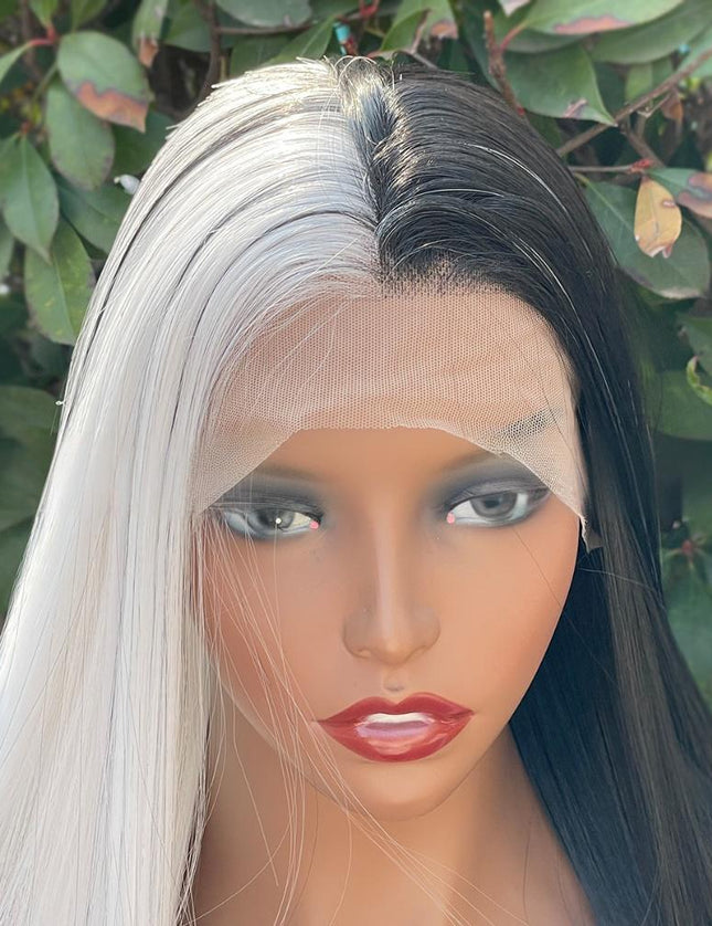 Synthetic lace frontal color wig straight---13*4---half white and half black color---- pay 1 get 2