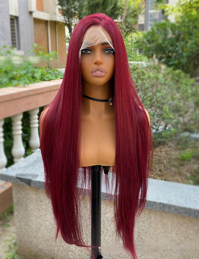 Synthetic lace frontal color wig straight---13*4---burgundy color---pay 1 get 2