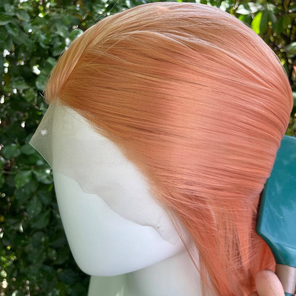 Peluca de color frontal con encaje de fibra, recta, 13 x 4 pulgadas, color rosa melocotón