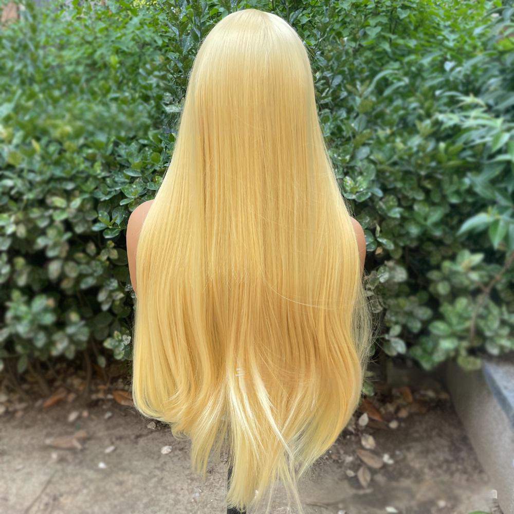 Peluca frontal de encaje de fibra de color liso --- 13*4 --- color amarillo claro
