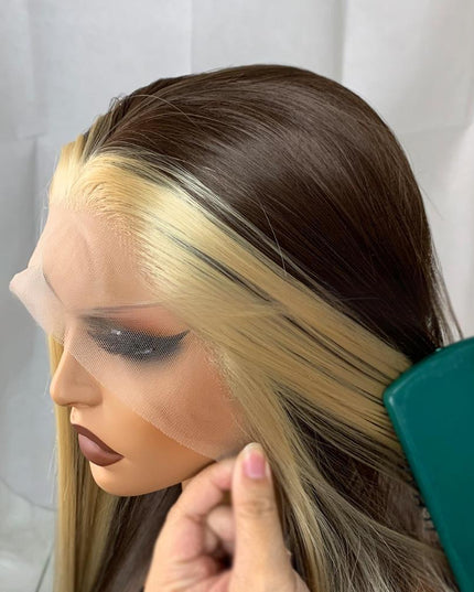 Synthetic lace frontal color wig straight---13*4---highlight blonde and brown color---- pay 1 get 2