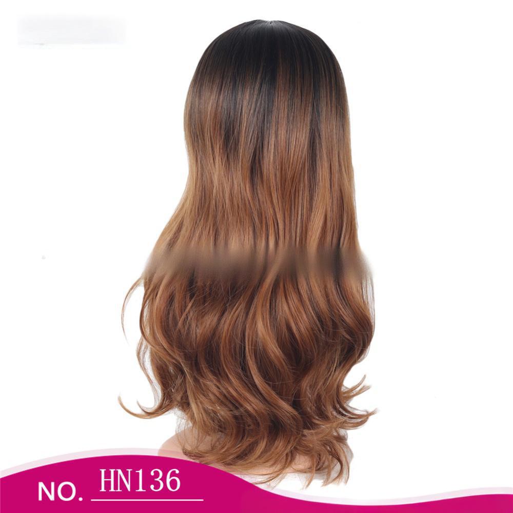 Fiber wig Brown middle-parted bangs and gradient big waves