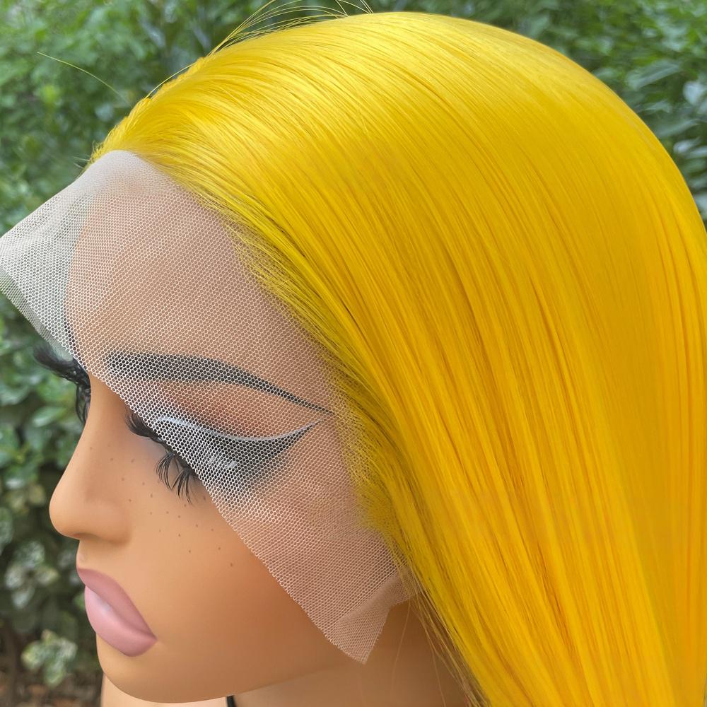 Peluca frontal de encaje de fibra de color liso --- 13*4 --- color amarillo