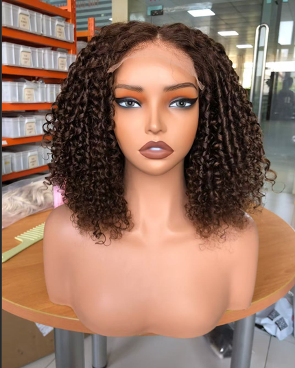brown color pixie curly wave 4x4，5x5 Lace closure 100% Virgin Human Hair Wig 15A