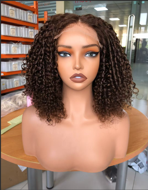 brown color pixie curly wave 4x4，5x5 Lace closure 100% Virgin Human Hair Wig 15A