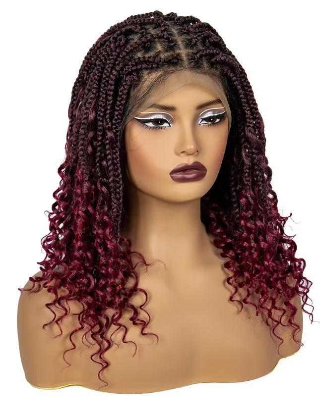 16 Inch Pre-cut Short Boho Braided Box 360 Full Lace Synthetic Cornrow Bob Wig-- 1B/99j color