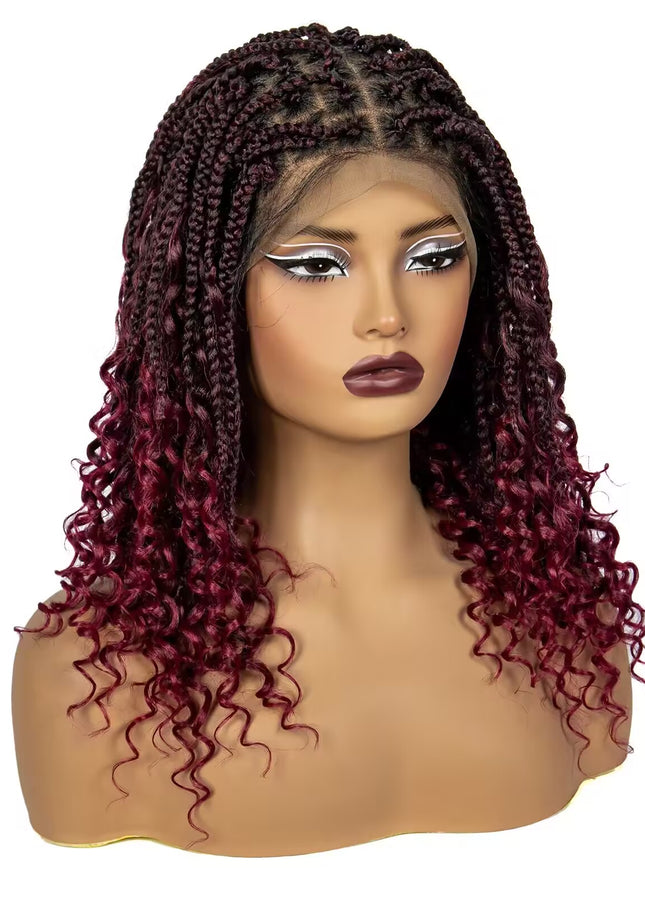 16 Inch Pre-cut Short Boho Braided Box 360 Full Lace Synthetic Cornrow Bob Wig-- 1B/99j color