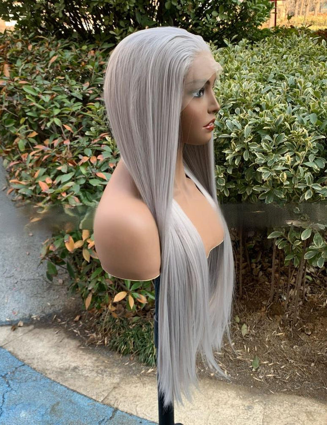 Synthetic lace frontal color wig straight---13*4---medium gray color---- pay 1 get 2