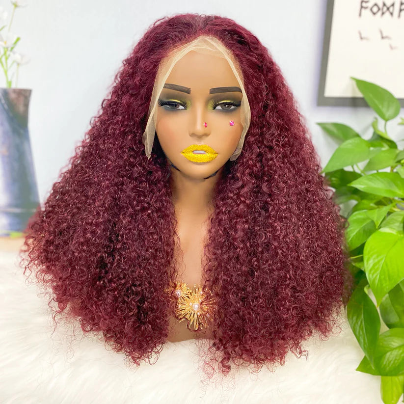 Kinky curl color #99j， 13x4 Lace Frontal wig 100% Virgin Human Hair Transparent  LACE Wig 180% density