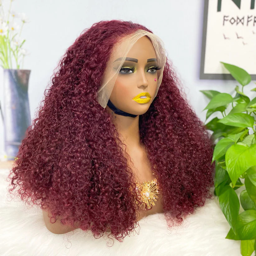 Kinky curl color #99j， 13x4 Lace Frontal wig 100% Virgin Human Hair Transparent  LACE Wig 180% density