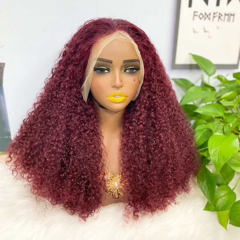 Kinky curl color #99j， 13x4 Lace Frontal wig 100% Virgin Human Hair Transparent  LACE Wig 180% density