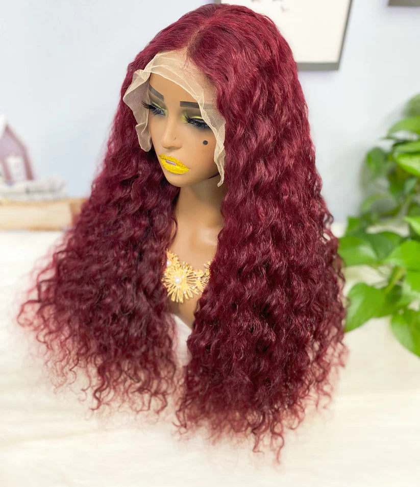 Water wave color #99j, 13x4 Lace Frontal wig 100% Virgin Human Hair Transparent  LACE Wig 180% density