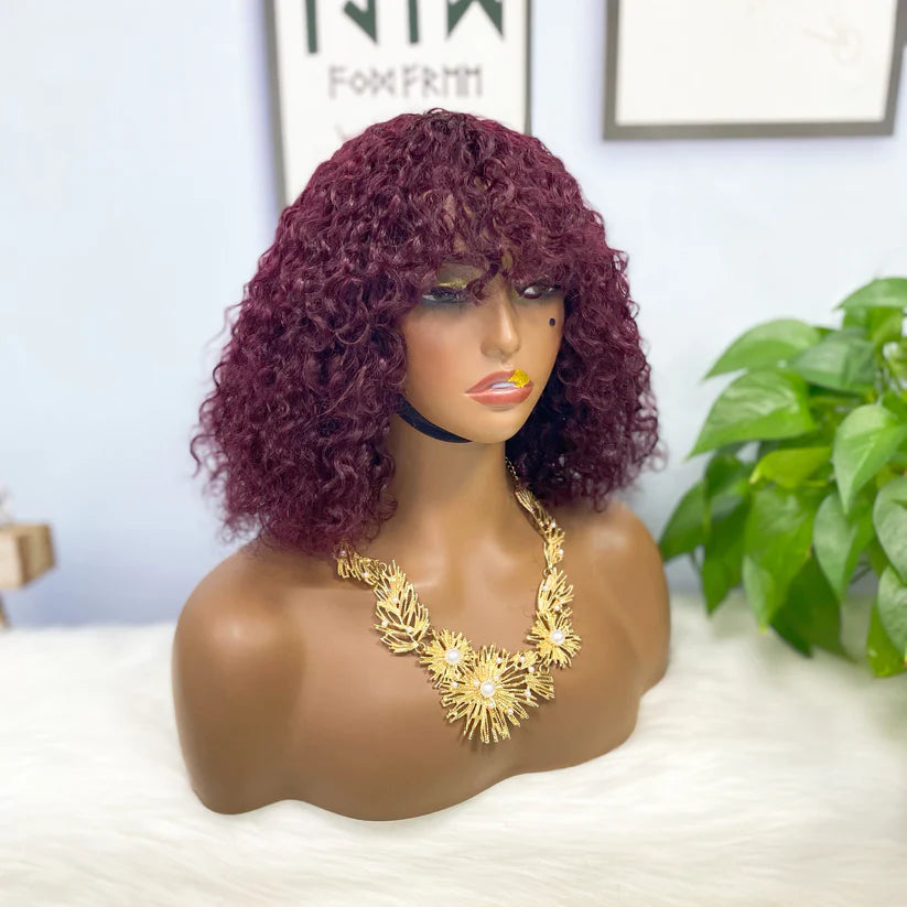 Jerry curly-- burgandy color  --full machine made wig with bang