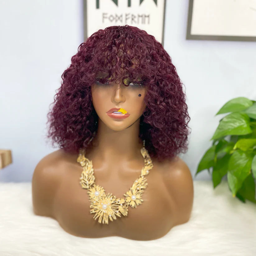 Jerry curly-- burgandy color  --full machine made wig with bang