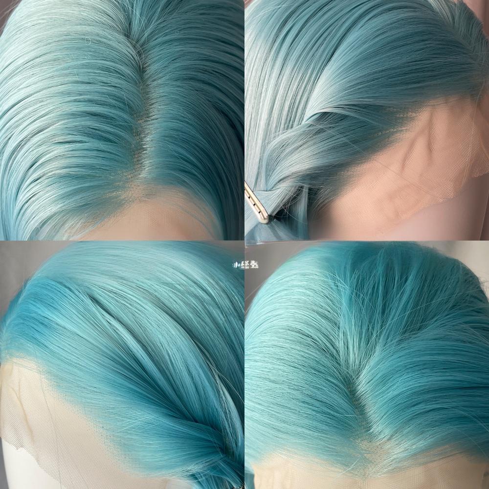 Peluca frontal de encaje de fibra de color liso --- 13*4 --- color cian-azul