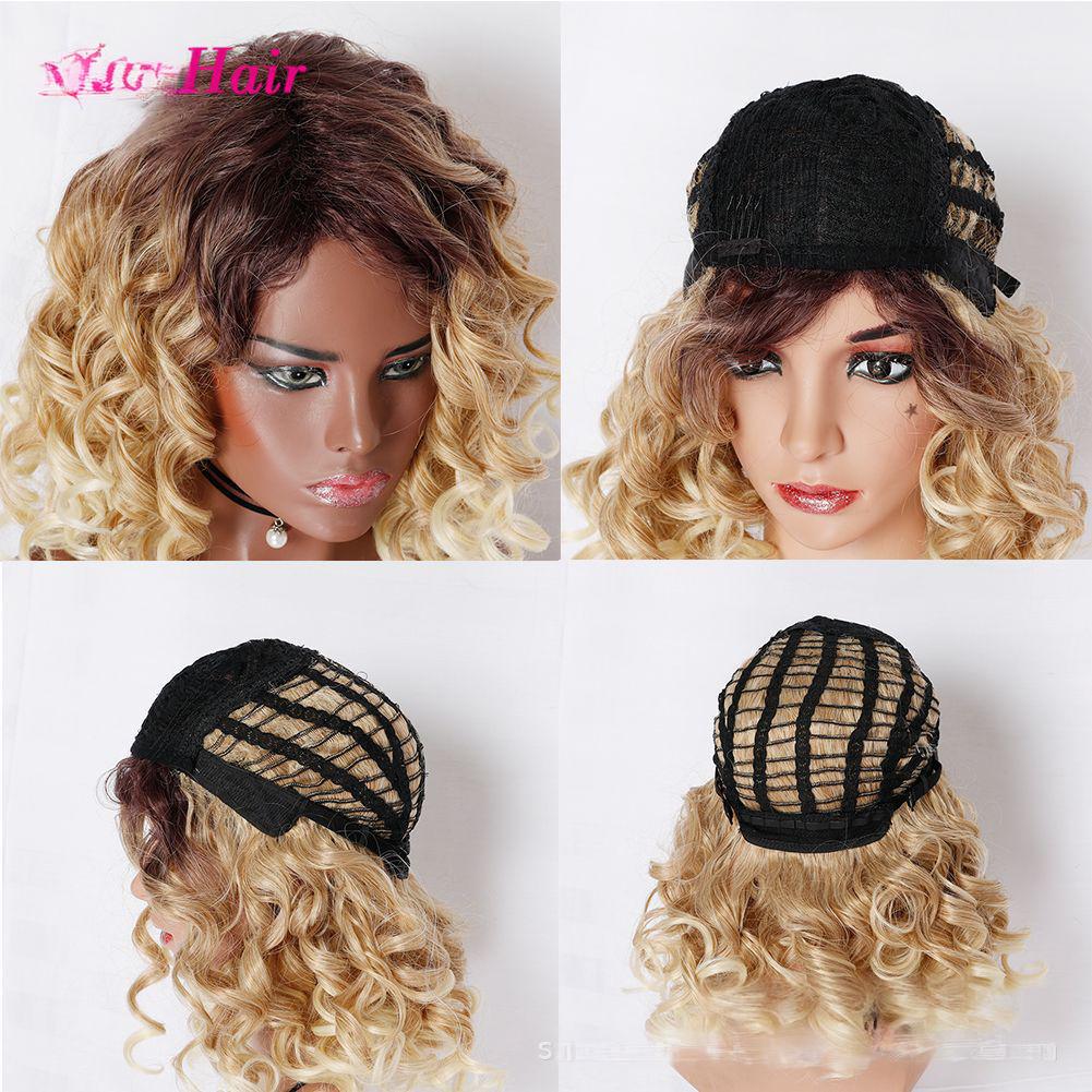 Short fiber wig curly ombre blonde color
