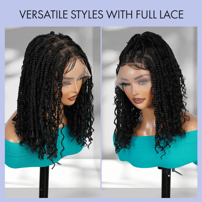 16 Inch Pre-cut Short Boho Braided Box 360 Full Lace Synthetic Cornrow Bob Wig-- Black color