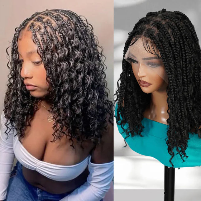 16 Inch Pre-cut Short Boho Braided Box 360 Full Lace Synthetic Cornrow Bob Wig-- Black color