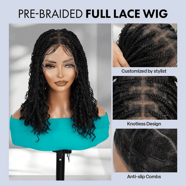 16 Inch Pre-cut Short Boho Braided Box 360 Full Lace Synthetic Cornrow Bob Wig-- Black color