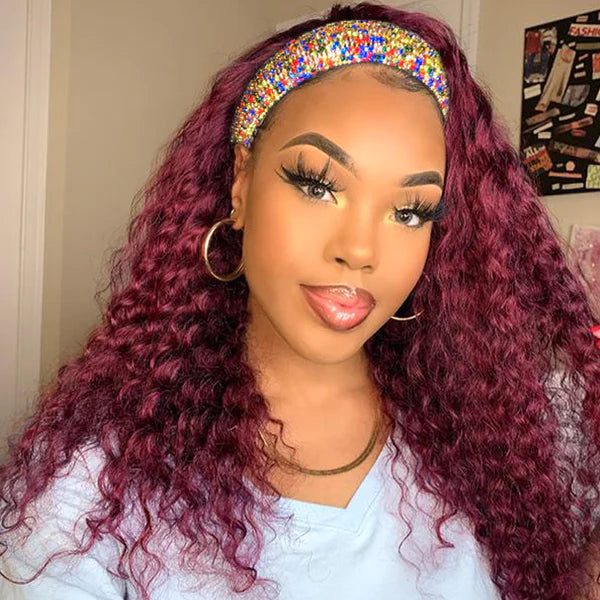 Color #99j  jerry curly 100% Virgin Human Hair headband wig