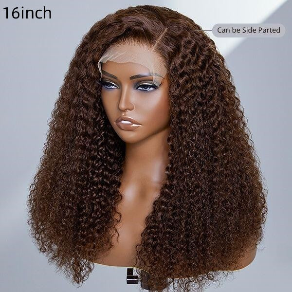 Jerry Curly Chocolate Brown 13x4 Transparent Lace Frontal 100% Virgin Human Hair Wig 180% density