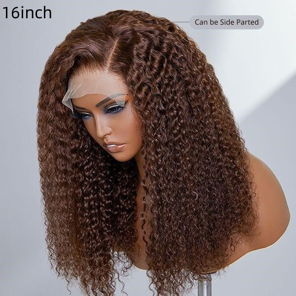 Jerry Curly Chocolate Brown 13x4 Transparent Lace Frontal 100% Virgin Human Hair Wig 180% density