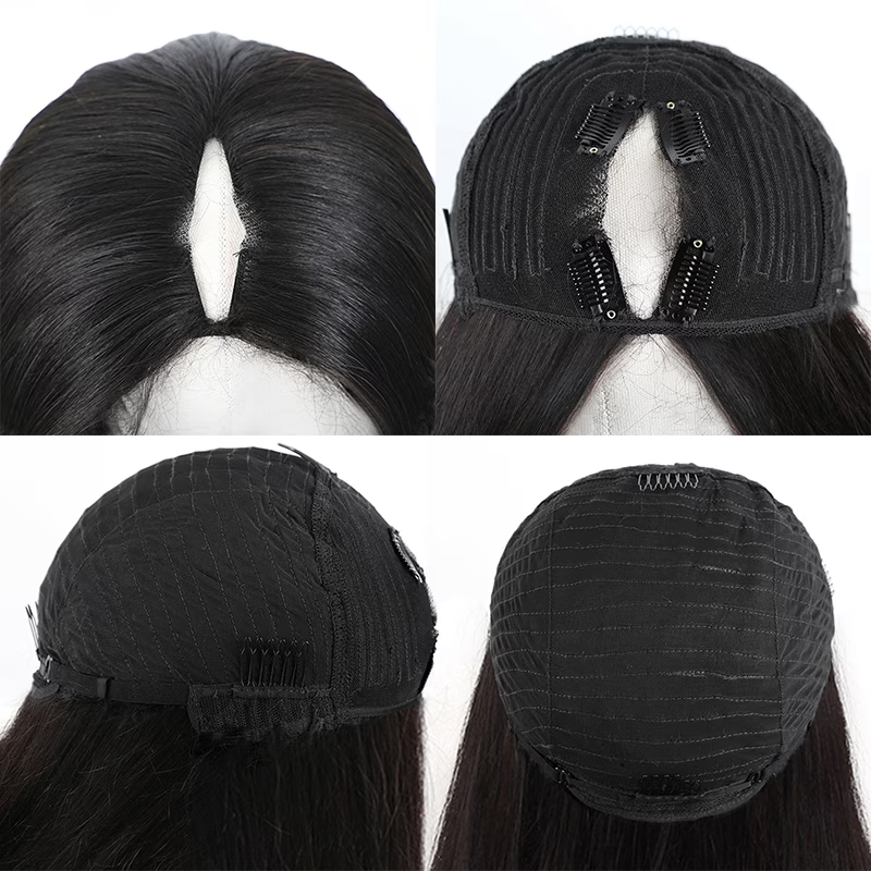 Natural color kinky straight 100% Virgin Human Hair V part wig