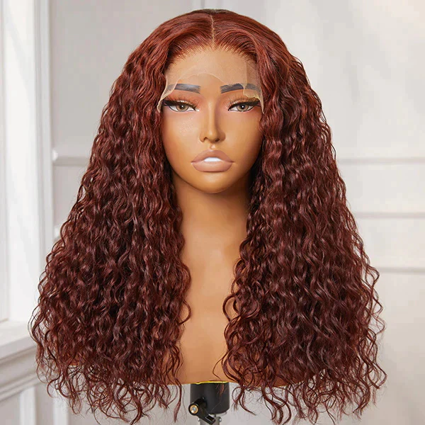 Water wave Reddish  brown Color 33， 13x4 Lace Frontal 100% Virgin Human Hair Transparent  LACE Wig 180% density