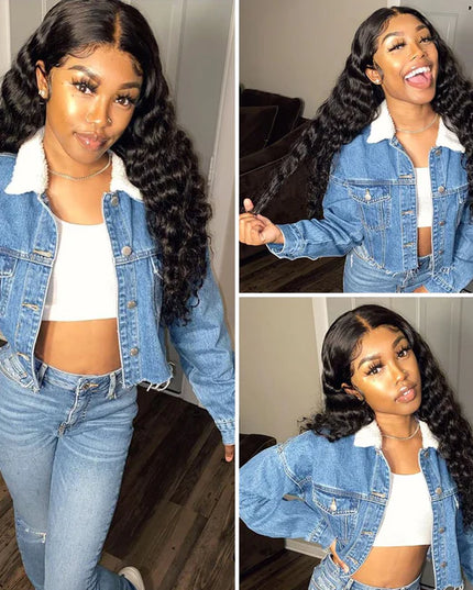 Deep wave Natural Black 4x4，5x5 Lace closure 100% Virgin Human Hair Wig 15A