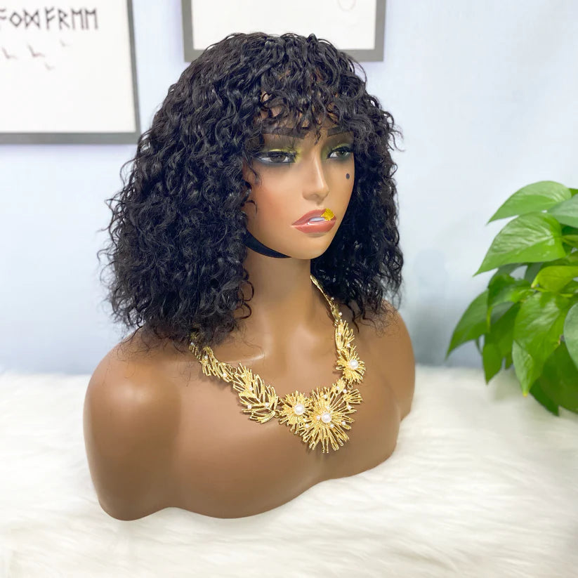 Water  wave -- natural black color --full machine made wig with bang