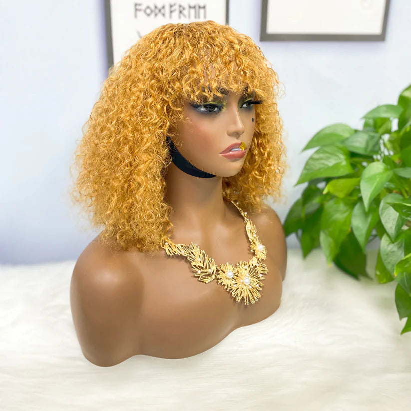 Jerry curly--  golden  color--full machine made wig with bang