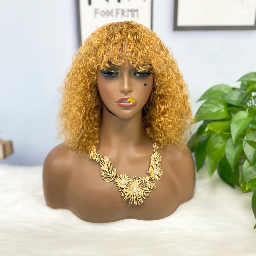 Jerry curly--  golden  color--full machine made wig with bang