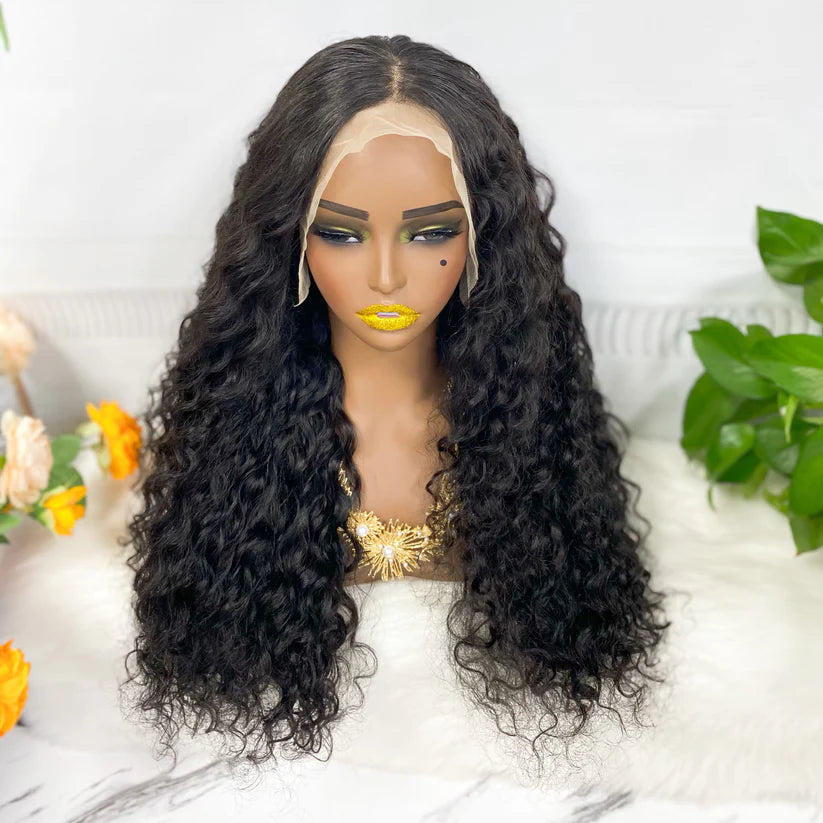 Water wave, natural black color, 13x4 Lace Frontal 100% Virgin Human Hair Transparent  LACE Wig 180% density