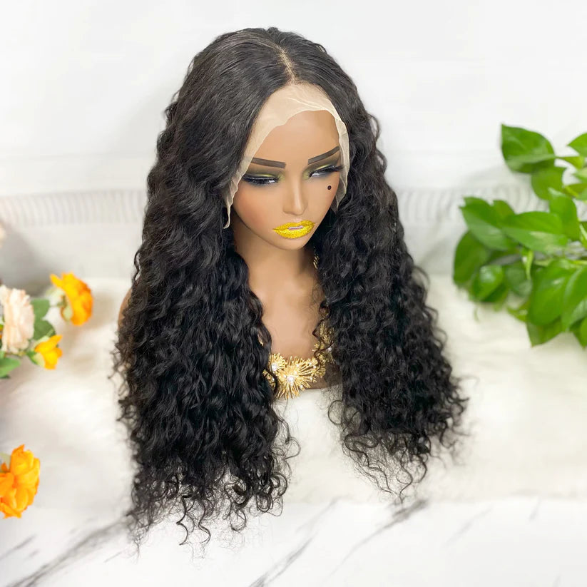 Water wave, natural black color, 13x4 Lace Frontal 100% Virgin Human Hair Transparent  LACE Wig 180% density