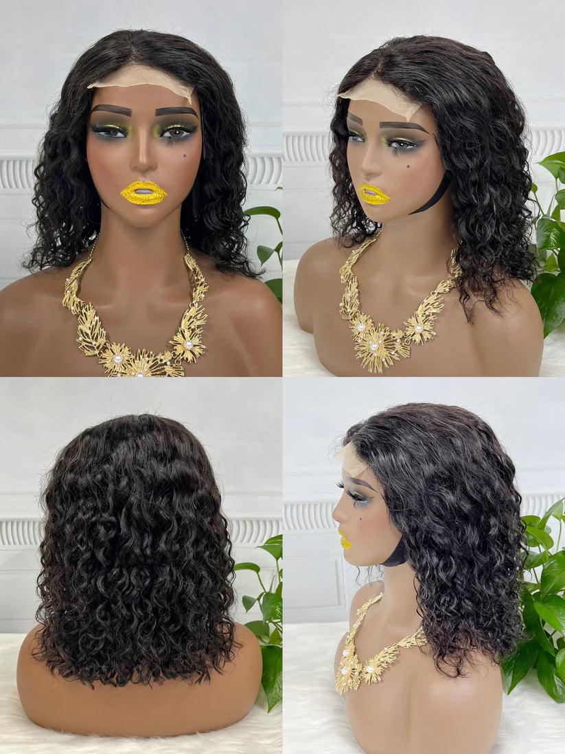 Natural color  water wave Bob Wig 4x4，5*5 Lace closure wig 100% Virgin Human Hair